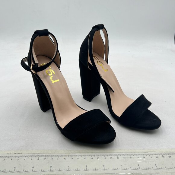 FSJ Black-suede Chunky High Heel Sandals Open Toe Ankle Strap Single Band Shoe - Picture 4 of 8